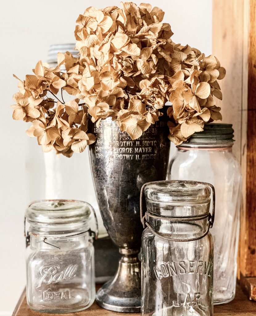 A tarnished silver trophy filled with dried hydrangias.  
