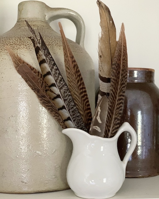 feathers in an ironstone pitcher for fall