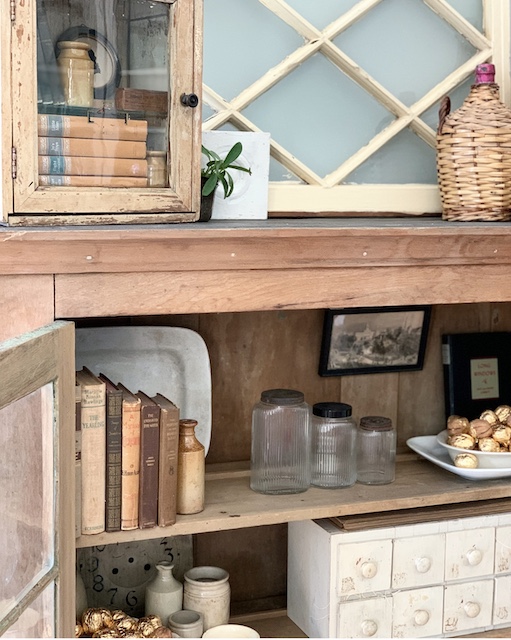 shelves styled with vintage items