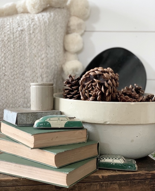 holiday colors - books and pinecones