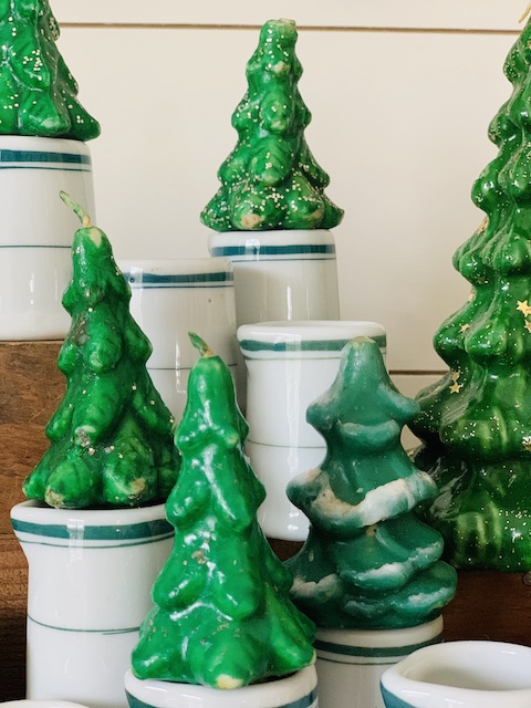 yet another angle of the vintage christmas creamers and trees