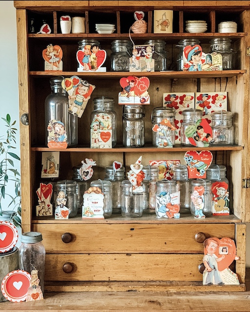 Vintage valentine display idea in a cupboard