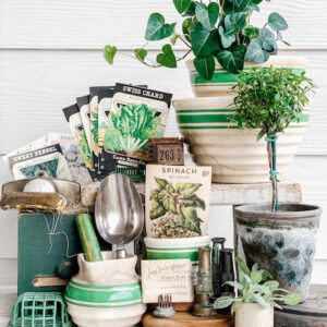 vintage garden items displayed on a table