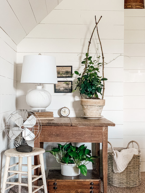 shiplap wall with a weathered table and lots of goodies