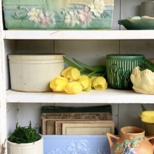 a mix of old planters on the same shelf
