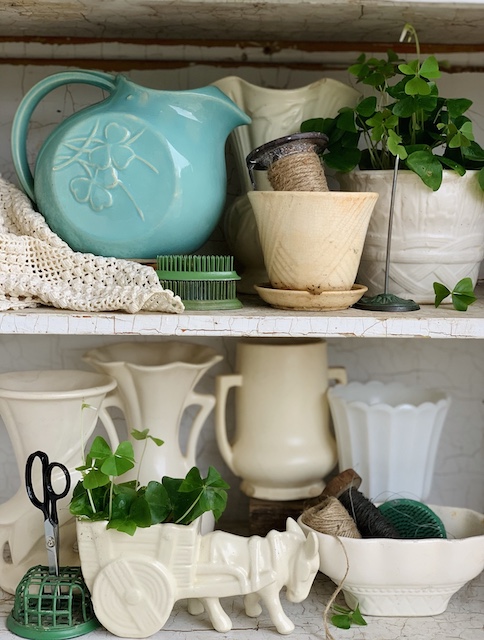 vintage saint patrick's day decor planters and a mccoy pitcher with clovers