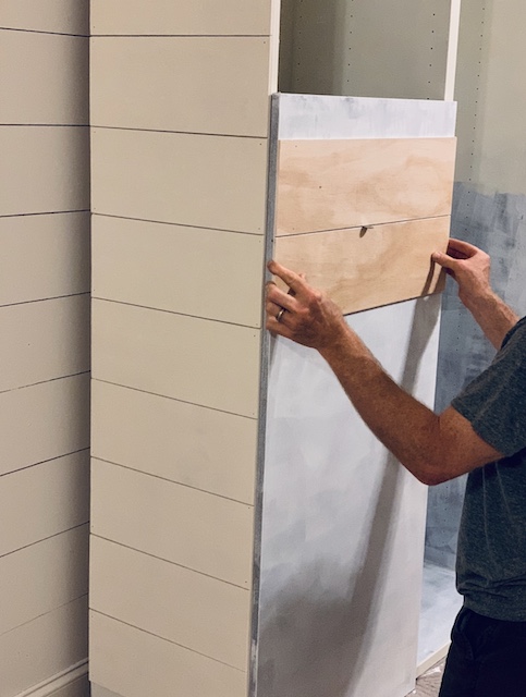 adding shiplap to the ikea cabinet