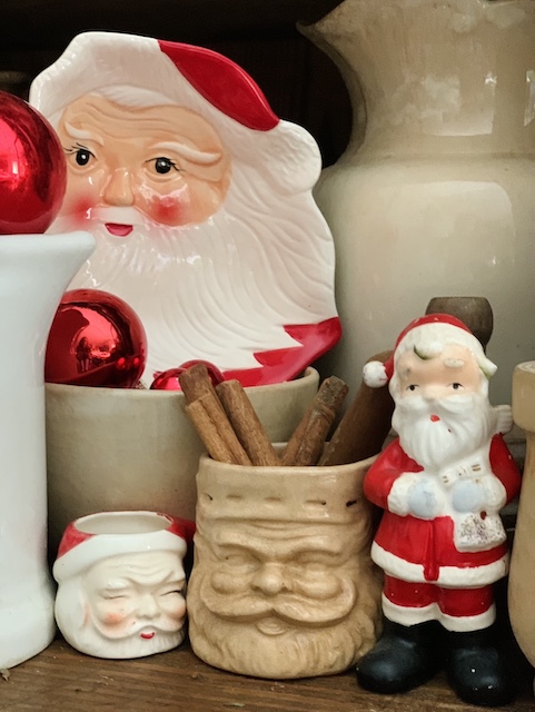 vintage santa mugs and plates and mugs and salt and peppers