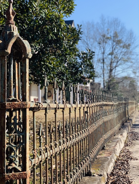 the iron fence that lined the sidewalk
