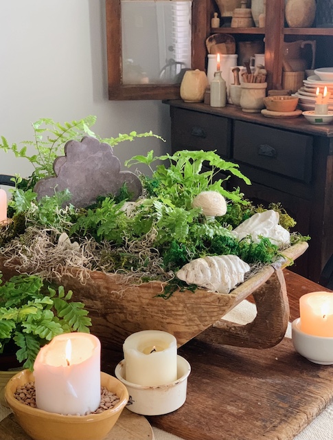 a dough bowl filled with ferns and moss on the kitchen table