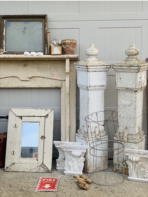 architectural salvage pieces all over the driveway