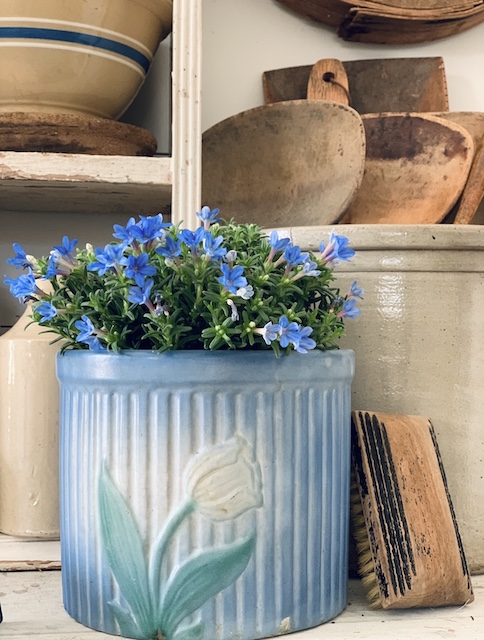 Simple Vintage Spring Vignette In Blue jar front on
