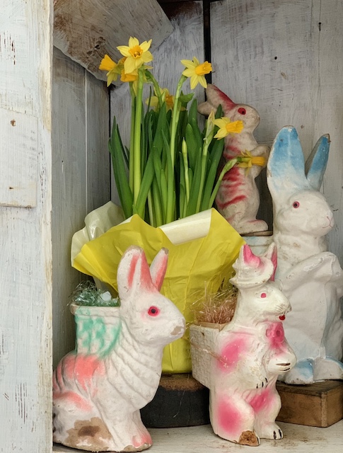 paper mache bunnies with the daffodiles for my vintage Easter Home Tour - 