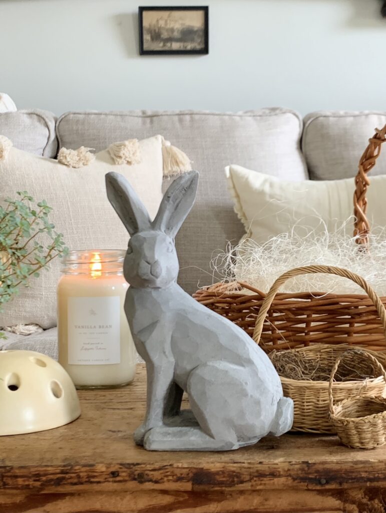 up close of the bunny that I used in front of my Do you love a good oil painting?  I found the cutest antique one the other day.  Come see how I styled it on my Vintage spring mantel.