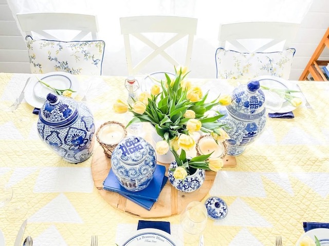 blue and white table