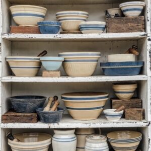 a shelf full of blue bowls