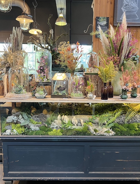 a table full of dried flowers that terrain had in the center of their store