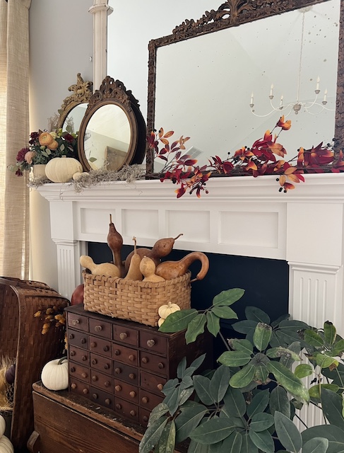 a super side view of the fall flowers on the mantel 