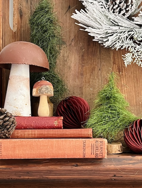 rustic christmas mantel with mushrooms and honeycomb