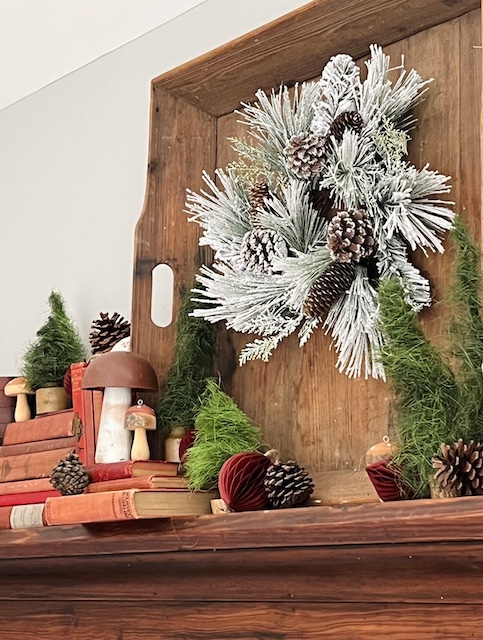 a side view of the rustic christmas mantel